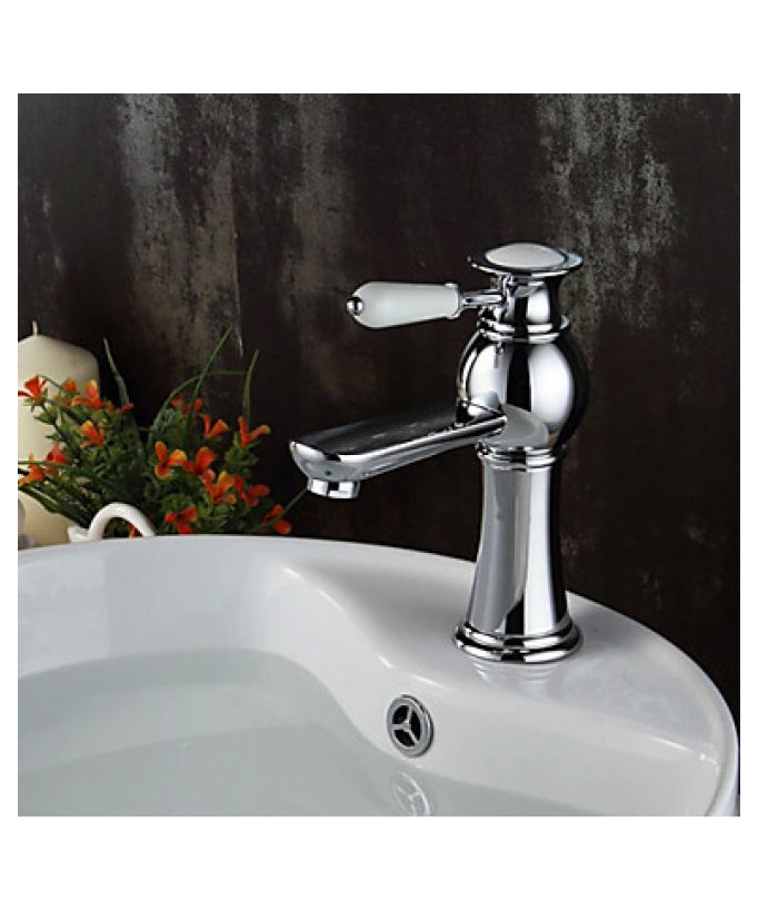 Rubinetto lavabo cromato con leva in ceramica bianca