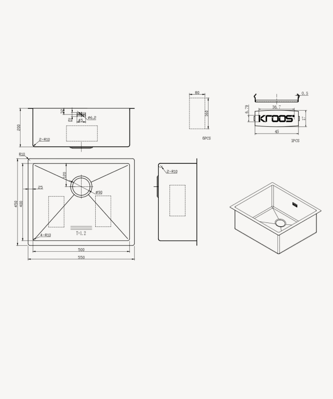 Lavello singolo da cucina 550 mm - acciaio inox - Ohia