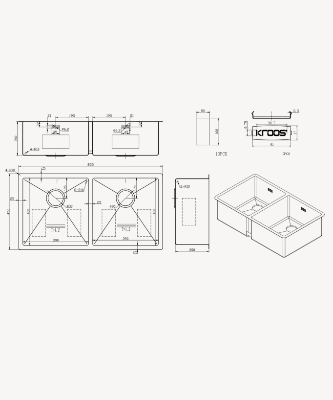 Lavello doppio da cucina 855 mm - gun métal brossé - Tilia