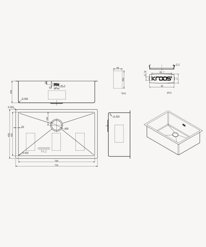Lavello singolo 750 mm - acciaio inox - Hiba