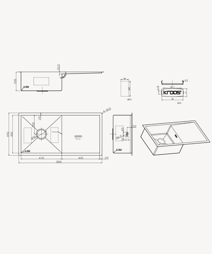 Lavello singolo da cucina 880 mm - gun métal brossé - Limba