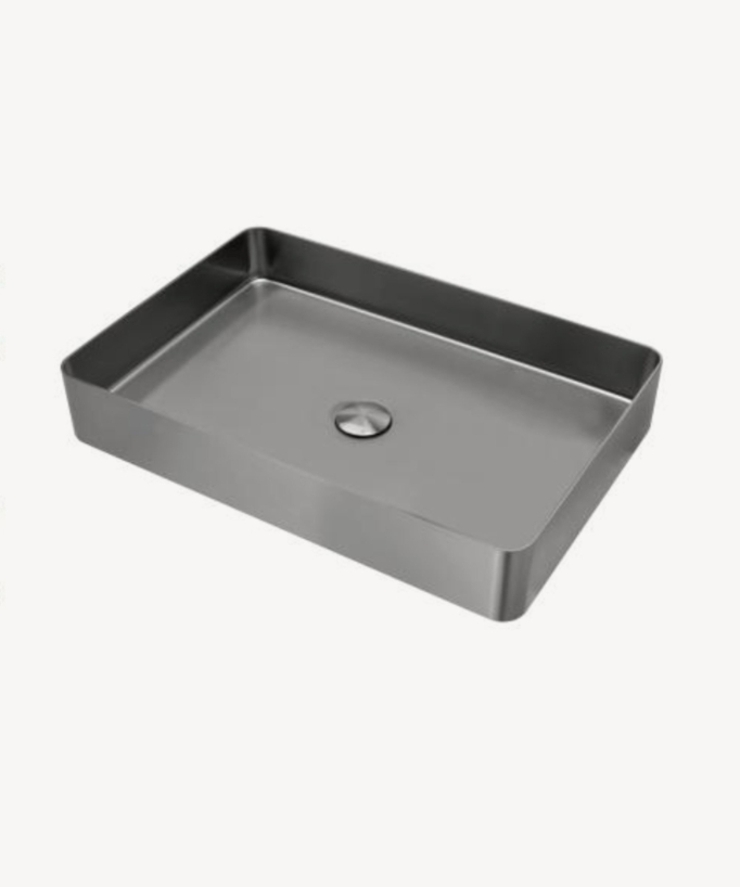 Vasque rectangulaire en acier inoxydable 304,  gun metal, avec la bonde de même finition, sans trop plein, à poser