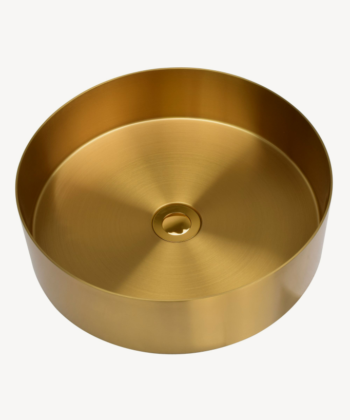 Vasque salle de bain ronde, à poser, en inox et finition doré brossé PVD