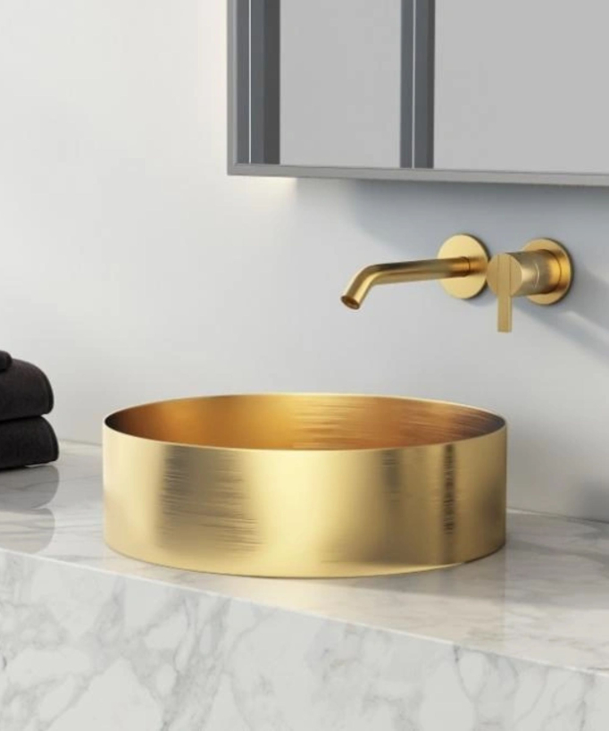 Vasque salle de bain ronde, à poser, en inox et finition doré brossé PVD