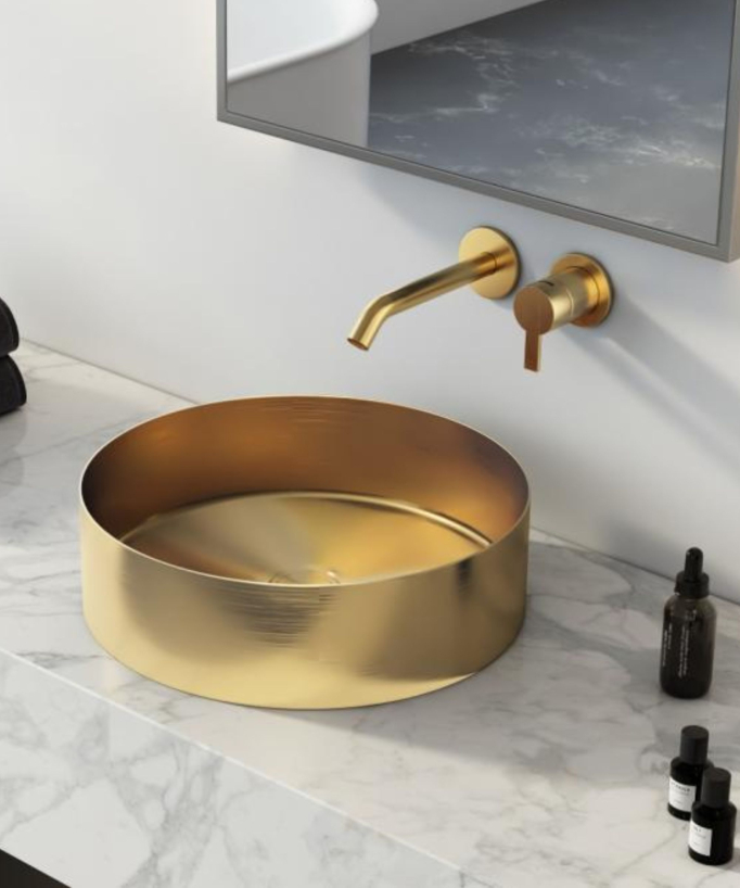 Vasque salle de bain ronde, à poser, en inox et finition doré brossé PVD