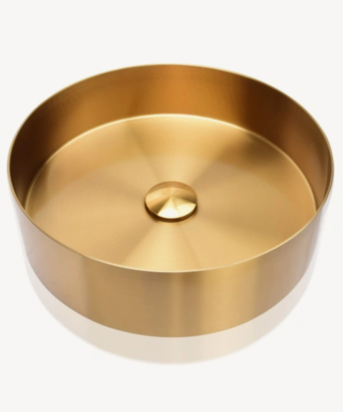 Vasque salle de bain ronde, à poser, en inox et finition doré brossé PVD