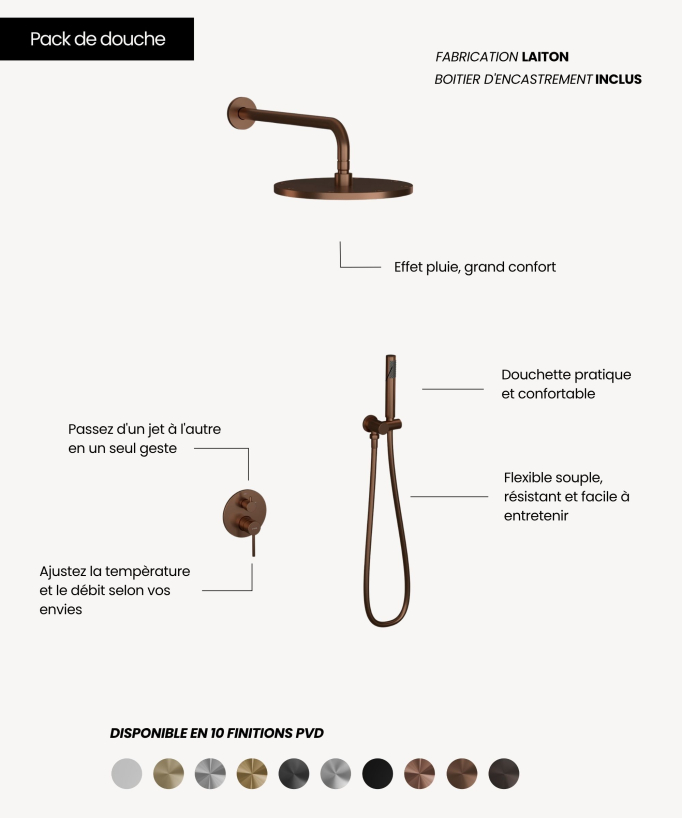 Pannello miscelatore da incasso per doccia Oro rosa spazzolato - Corbeau