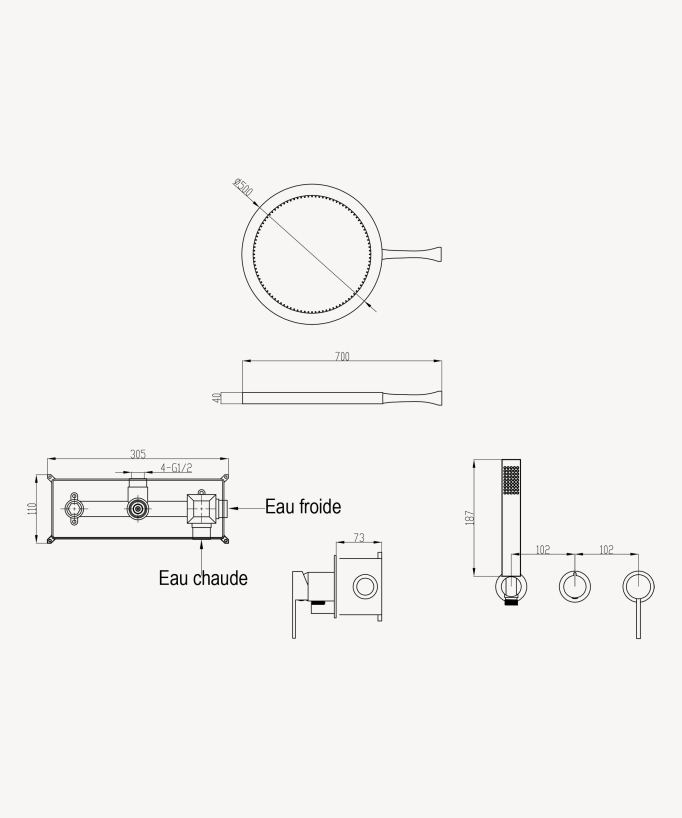 Kit doccia con soffione pioggia circolare - Corbeau