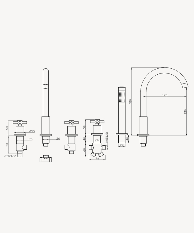 Rubinetto miscelatore per vasca-doccia a 5 fori da appoggio Dorato spazzolato - Corbeau