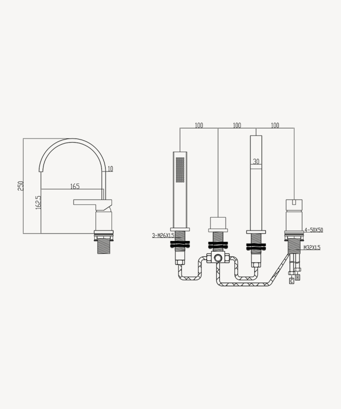 Rubinetto bordo vasca 4 fori Cromato - Fiumina