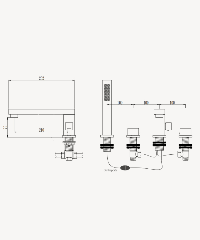 Rubinetto miscelatore per vasca-doccia da appoggio a 4 fori Cromato - Sirius