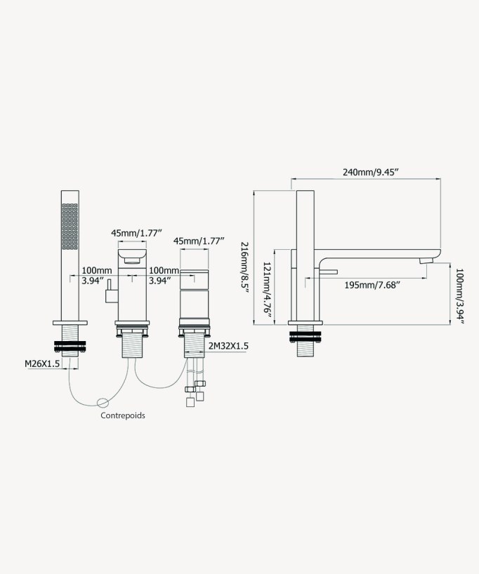 Rubinetto miscelatore per vasca-doccia a 3 fori da appoggio Cromato - Nunki