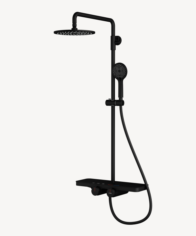 Colonne de douche noire de type mitigeur avec pommeau de douche et douchette de forme ronde, équipée d'une tablette 