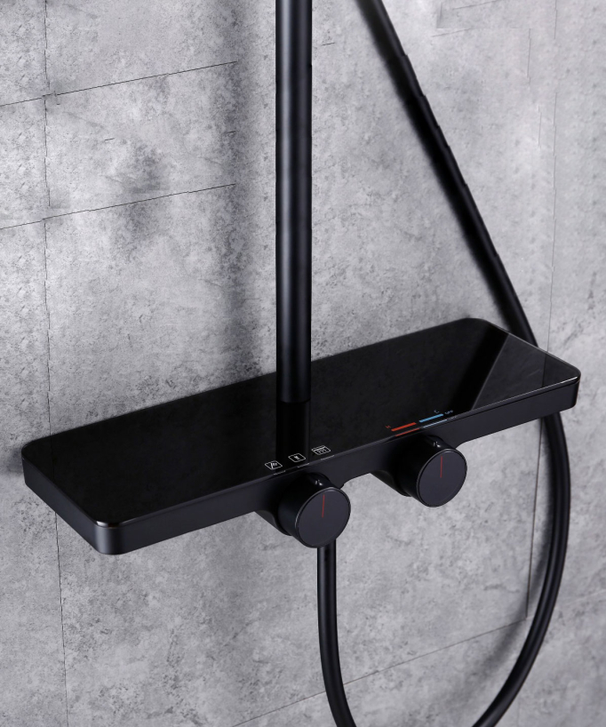 Colonna doccia rotonda con mensola - Nero