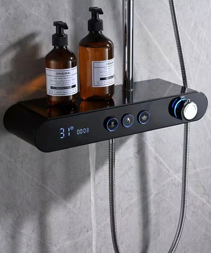 Colonne bain douche noire avec tablette et affichage numérique de la température  - Tabarca