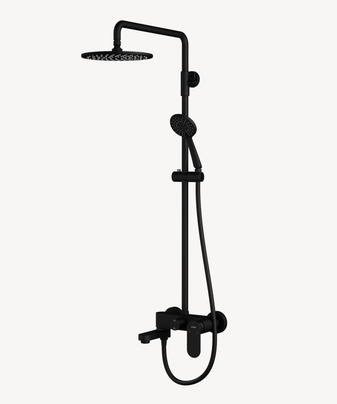 Colonne de douche et bain ronde équipée d'un pommeau de douche à picots anticalcaire, d'une douchette à main, d'un flexible PVC, d'une poignée mécanique et d'un bec de bain, de finition noire 