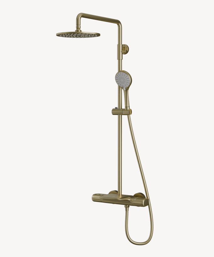Colonne de douche et bain dorée, de forme ronde avec pomme de douche à jet de pluie, douchette et flexible PVC, robinet thermostatique avec bec de bain plat intégré
