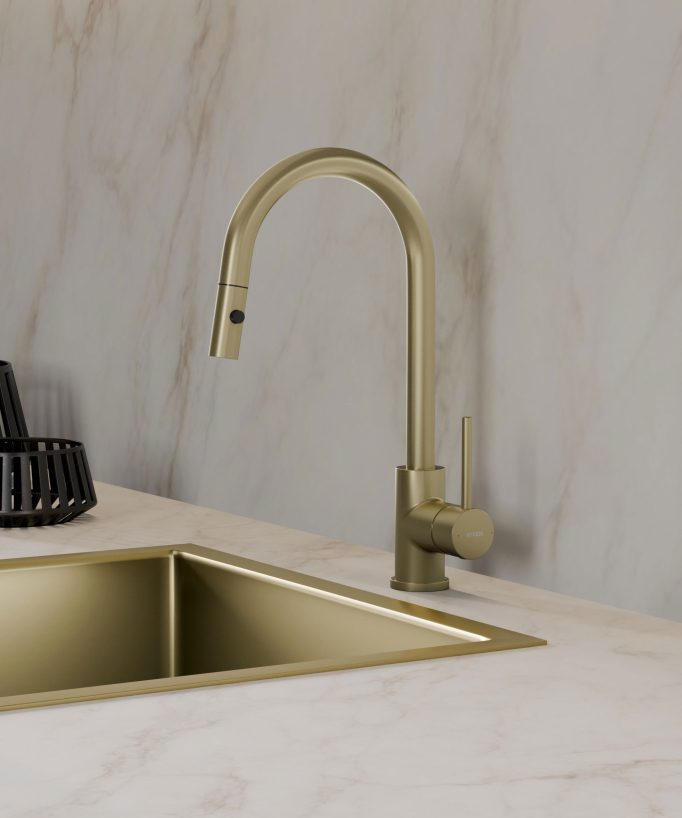 Miscelatore da cucina moderno con doccetta - Oro spazzolato