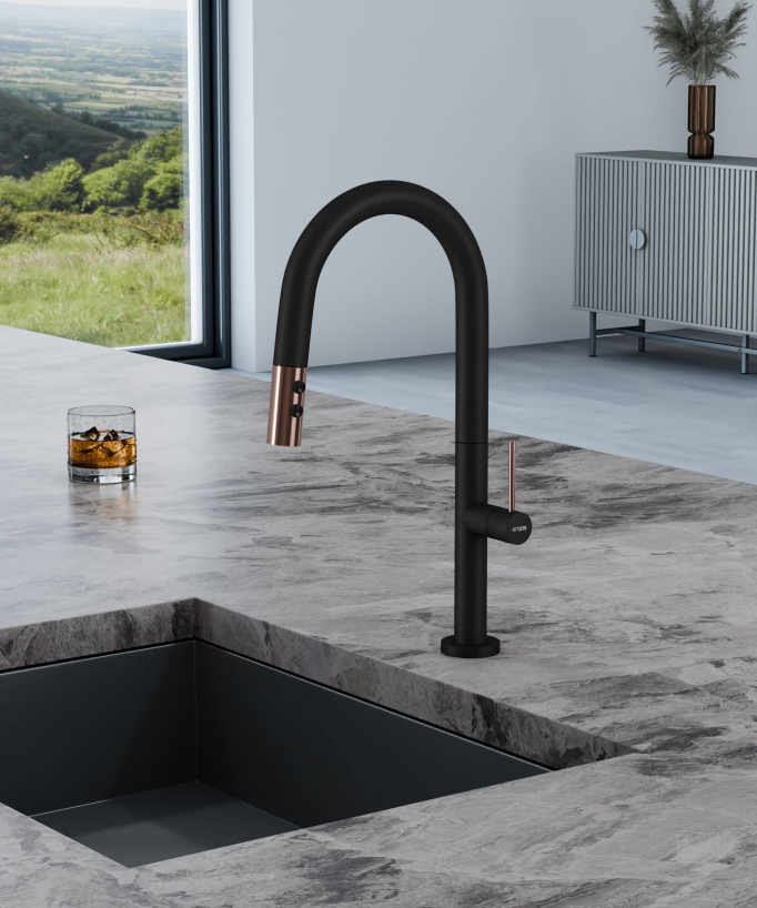 Miscelatore lavello moderno con doccetta estraibile - nero & oro rosa