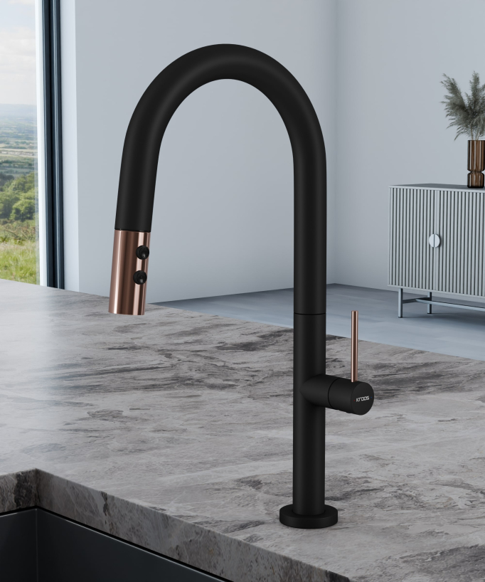Miscelatore lavello moderno con doccetta estraibile - nero & oro rosa