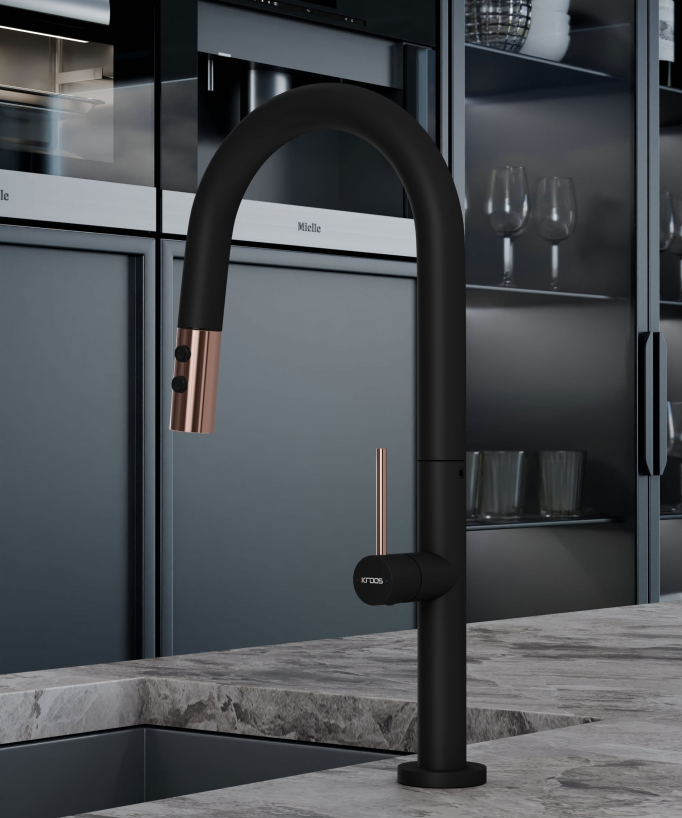 Miscelatore lavello moderno con doccetta estraibile - nero & oro rosa