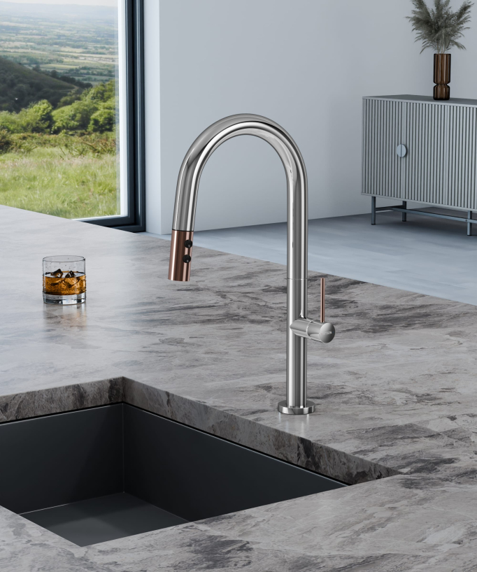 Miscelatore lavello moderno con doccetta estraibile - Cromato e Oro rosa