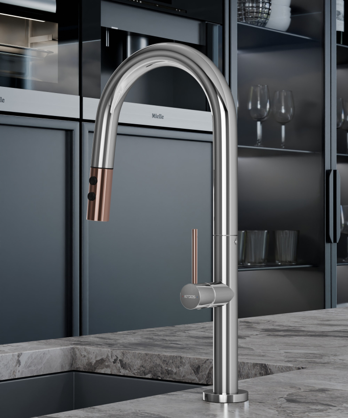 Miscelatore lavello moderno con doccetta estraibile - Cromato e Oro rosa