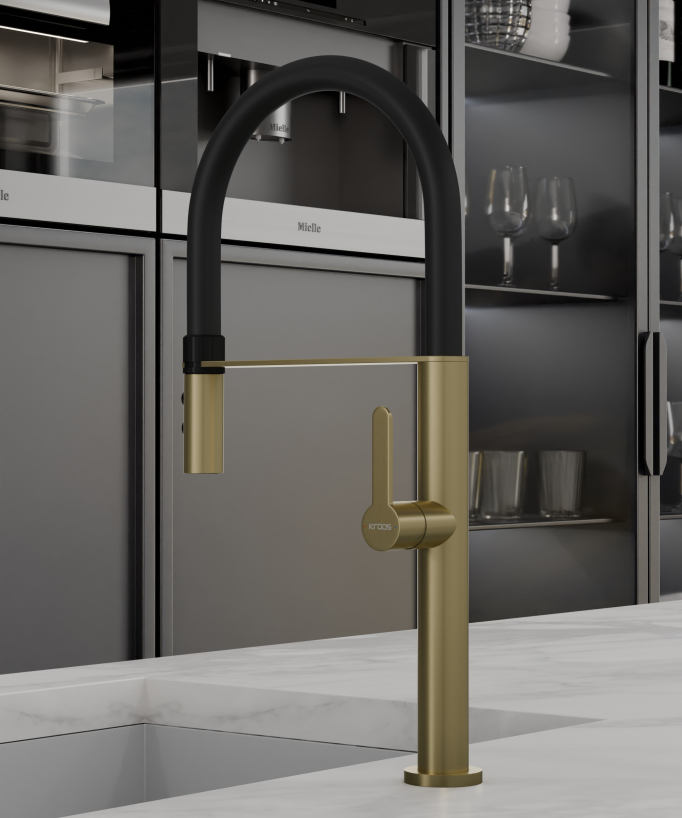 Miscelatore lavello alto con doccetta - Oro spazzolato