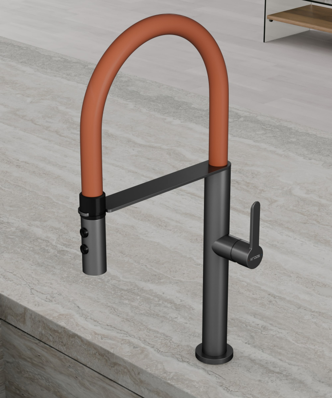 Miscelatore lavello alto con doccetta - Gun metal e arancione