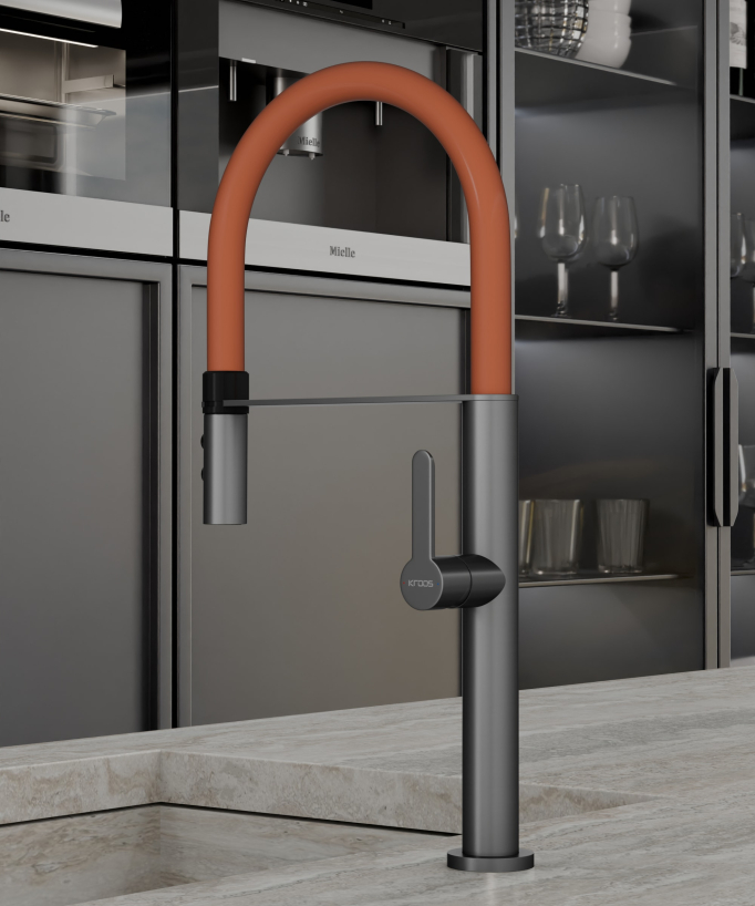 Miscelatore lavello alto con doccetta - Gun metal e arancione