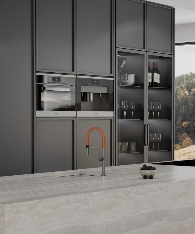 Miscelatore lavello alto con doccetta - Gun metal e arancione