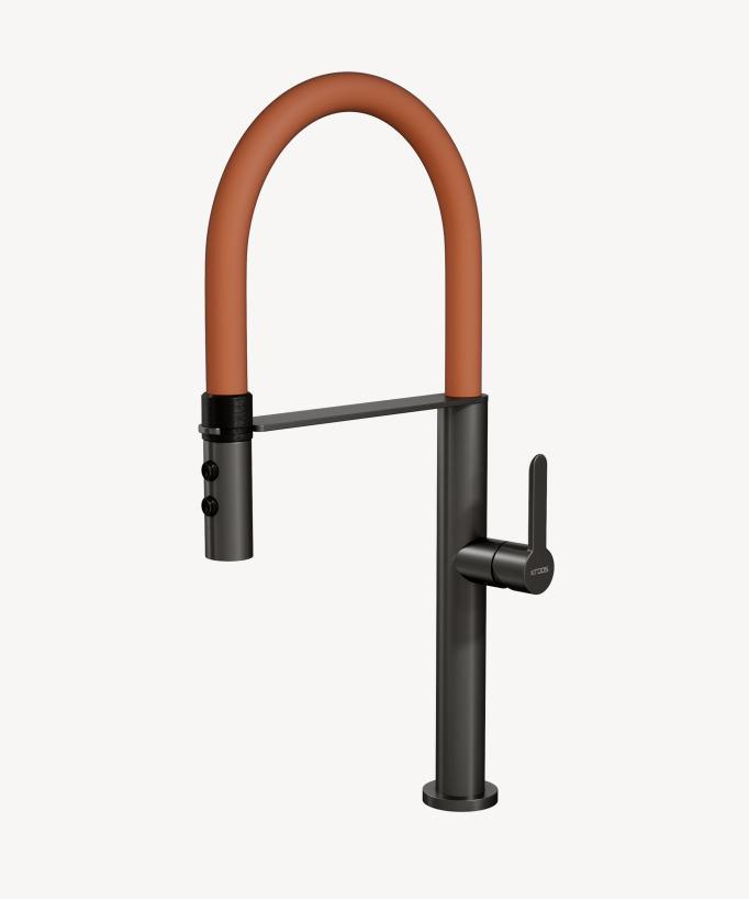 Miscelatore lavello alto con doccetta - Gun metal e arancione