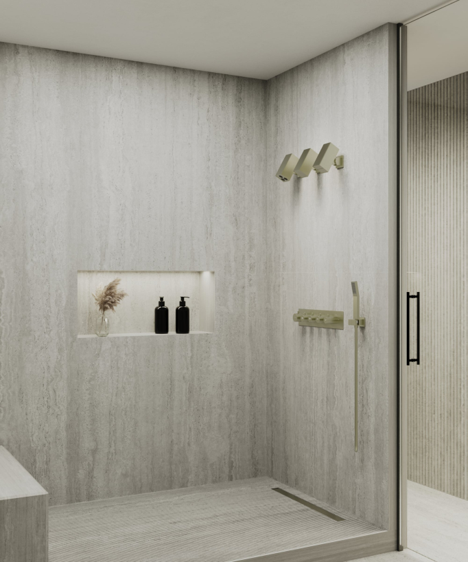 Set miscelatore termostatico multifunzione con soffione orientabile Oro spazzolato - Sirius