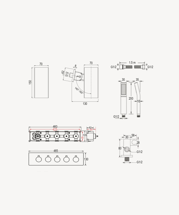 Set miscelatore termostatico multifunzione con soffione orientabile Gun metal - Sirius