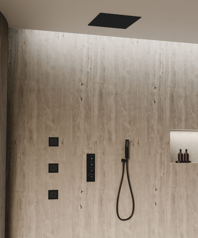 Sistema doccia termostatico a soffitto con getti nascosti 500 mm - Nero