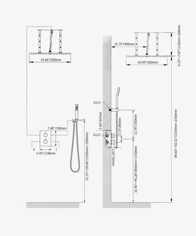 Sistema doccia termostatico a soffitto