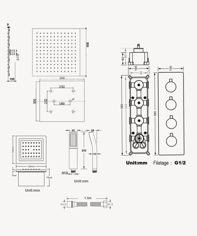 Sistema doccia termostatico a soffitto con getti nascosti 500 mm - Cromo