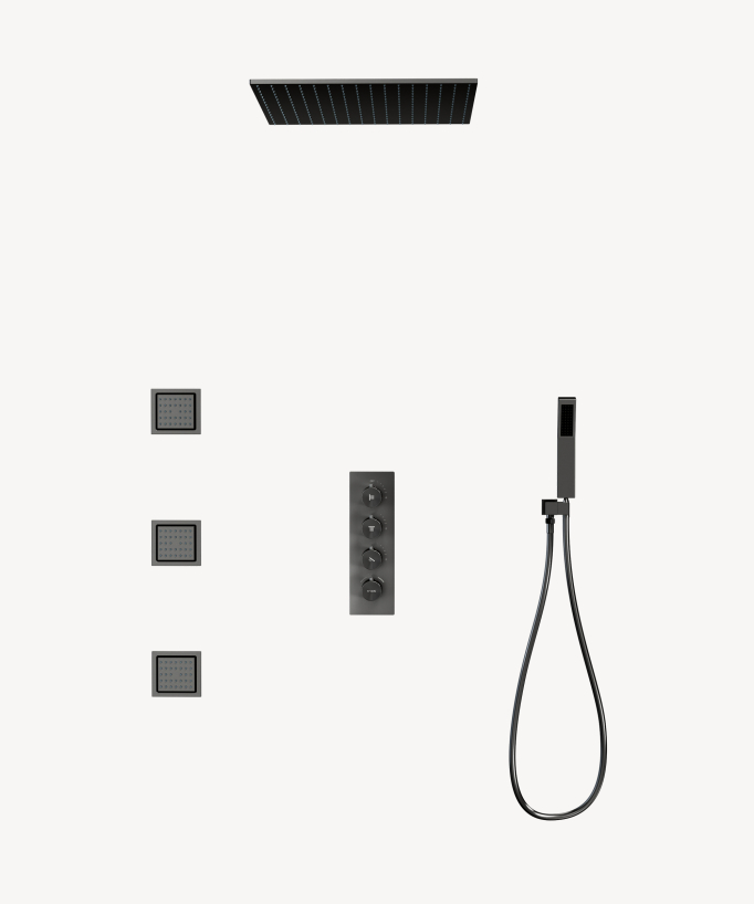Cielo doccia termostatico incassato soffitto 500 mm, 3 getti corpo Gun metal - Sirius