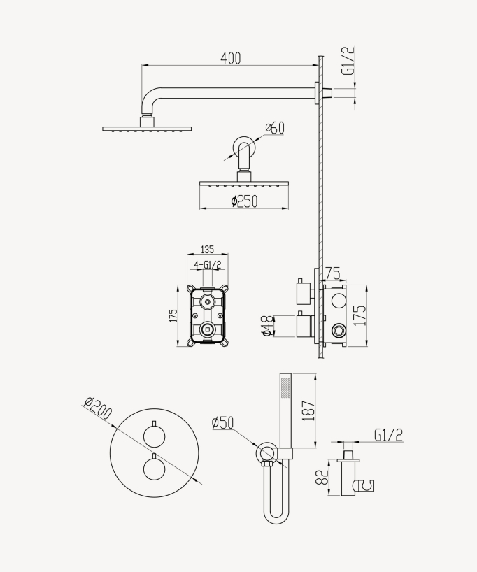 Colonna doccia incassata termostatica soffione effetto pioggia anticalcare Moka spazzolato - Corbeau