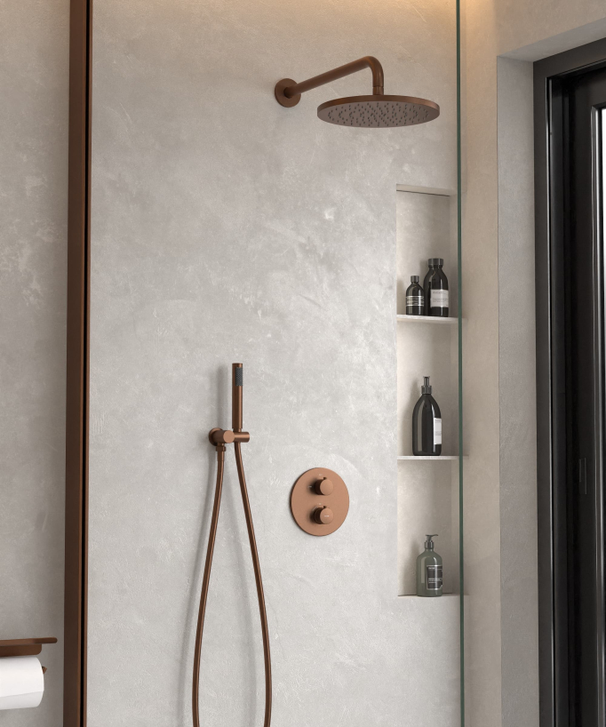 Colonna doccia da incasso termostatica con soffione a pioggia anticalcare - Corbeau, Finitura Oro Rosa Spazzolato - small