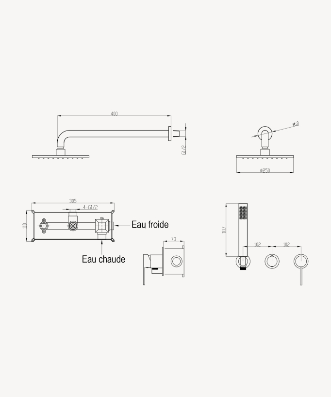 Colonna doccia incasso 3 fori Gun metal - Corbeau