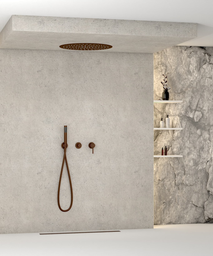 Set miscelatore doccia incasso 3 fori soffione tondo Oro rosa spazzolato - Corbeau