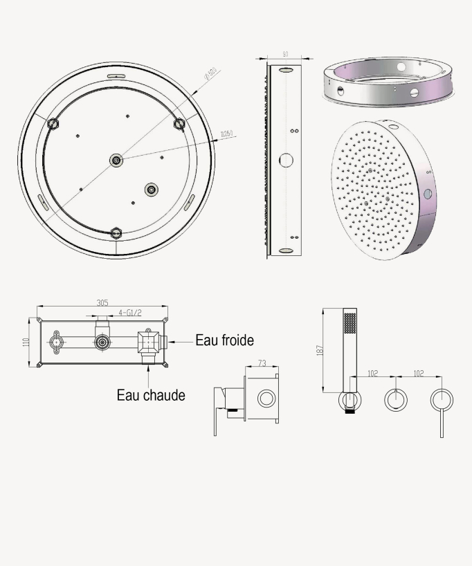 Set miscelatore doccia 3 fori incasso soffitto tondo Nickel spazzolato - Corbeau