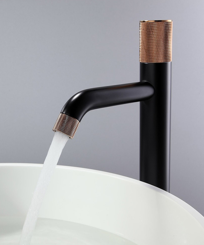 Miscelatore lavabo design Nero e Oro rosa senza limitatore di portata - Leros