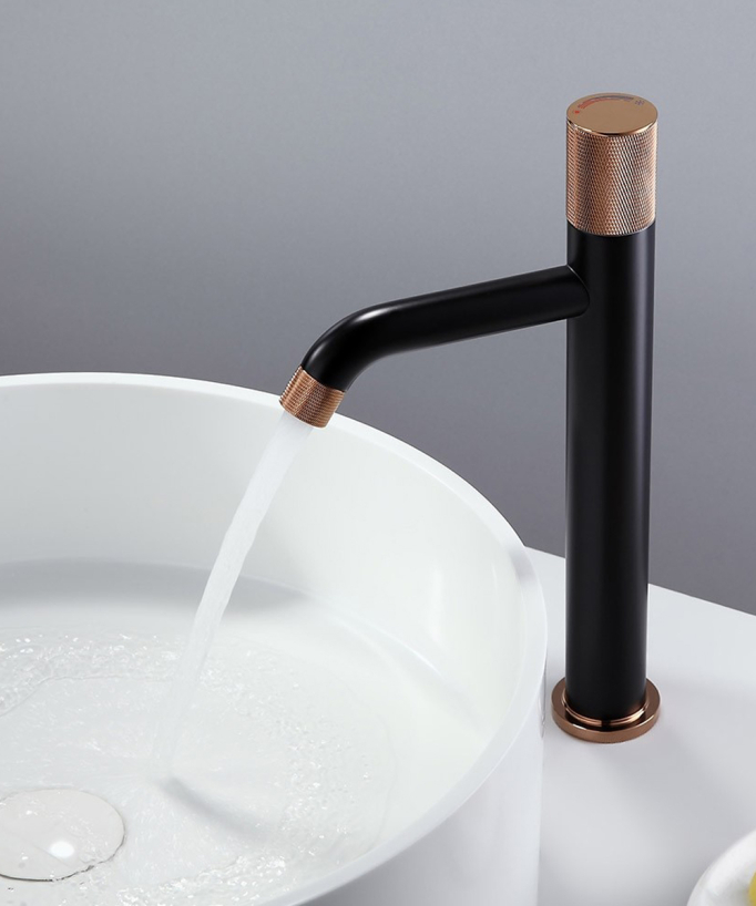 Miscelatore lavabo design Nero e Oro rosa senza limitatore di portata - Leros
