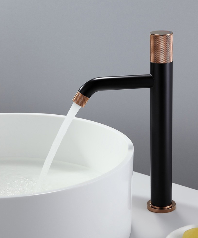Miscelatore lavabo design Nero e Oro rosa senza limitatore di portata - Leros