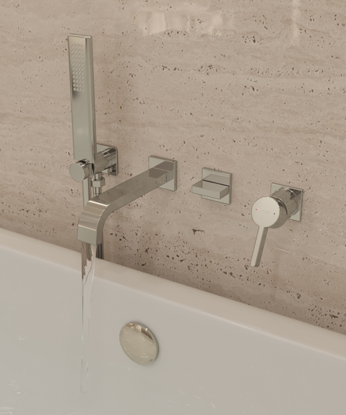 Mitigeur de baignoire encastré 4 trous couleur champagne avec douchette à main