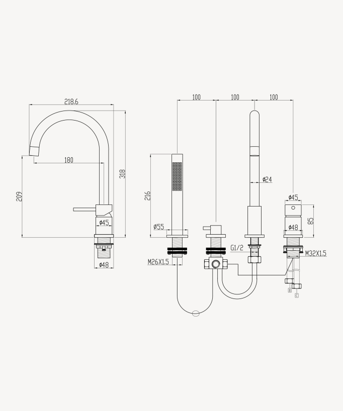 Miscelatore a parete per vasca e doccia a 4 fori cromato - Céfalu