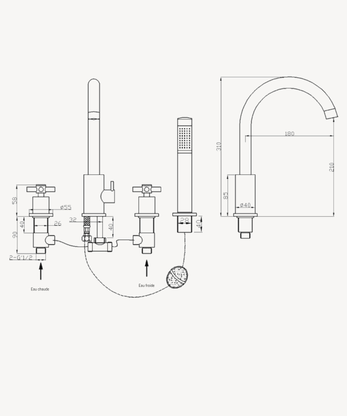 Miscelatore per vasca bordo 4 fori Gun metal - Corbeau