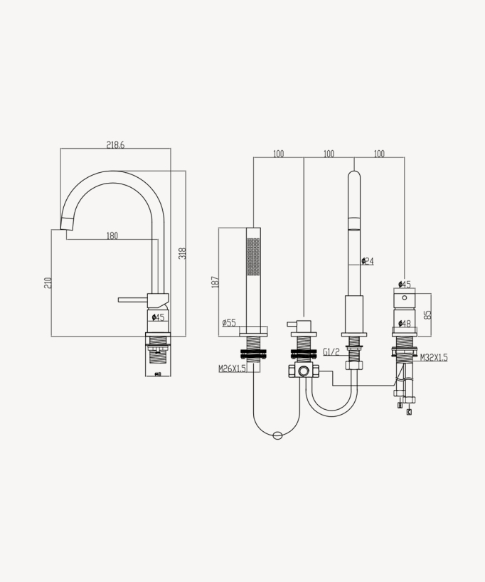 Miscelatore per vasca bordo 4 fori Gun metal - Corbeau